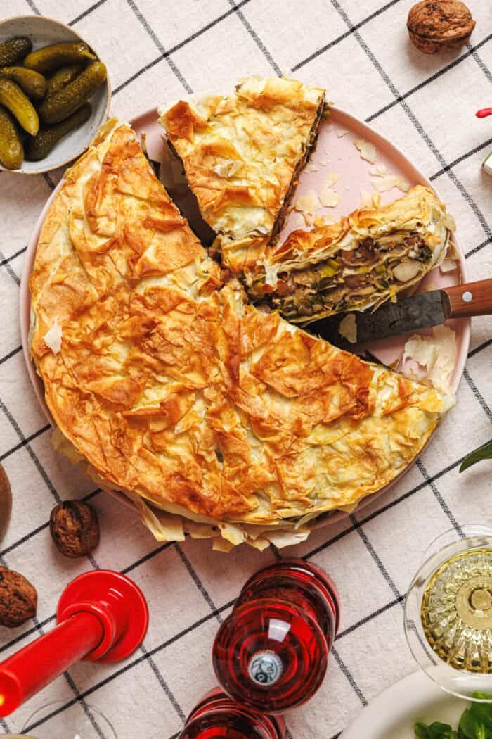 Strudel aux champignons, châtaignes et poireaux
