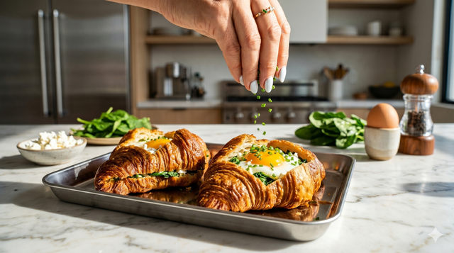 Recette de croissant farci aux épinards, œufs et féta, parfait pour un brunch